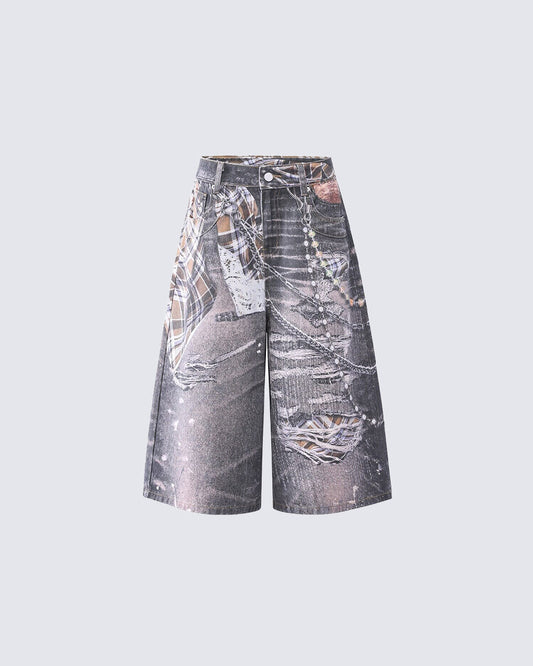 Wasteland Plaid Chain Print Wide Denim Shorts