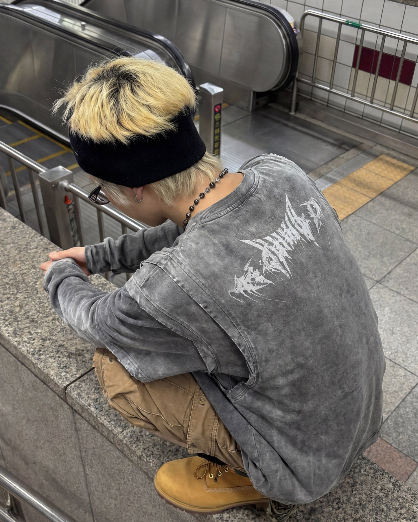 KIIKIO-Vintage Washed Layered Long-T-Shirt
